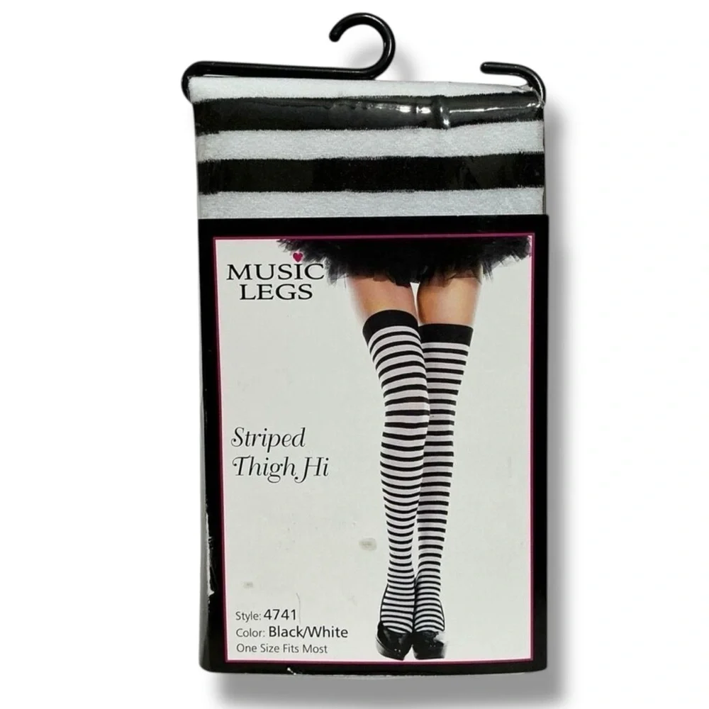 Music Legs 4741 Black & White Wide Striped Thigh High Tights One Size Fits Most